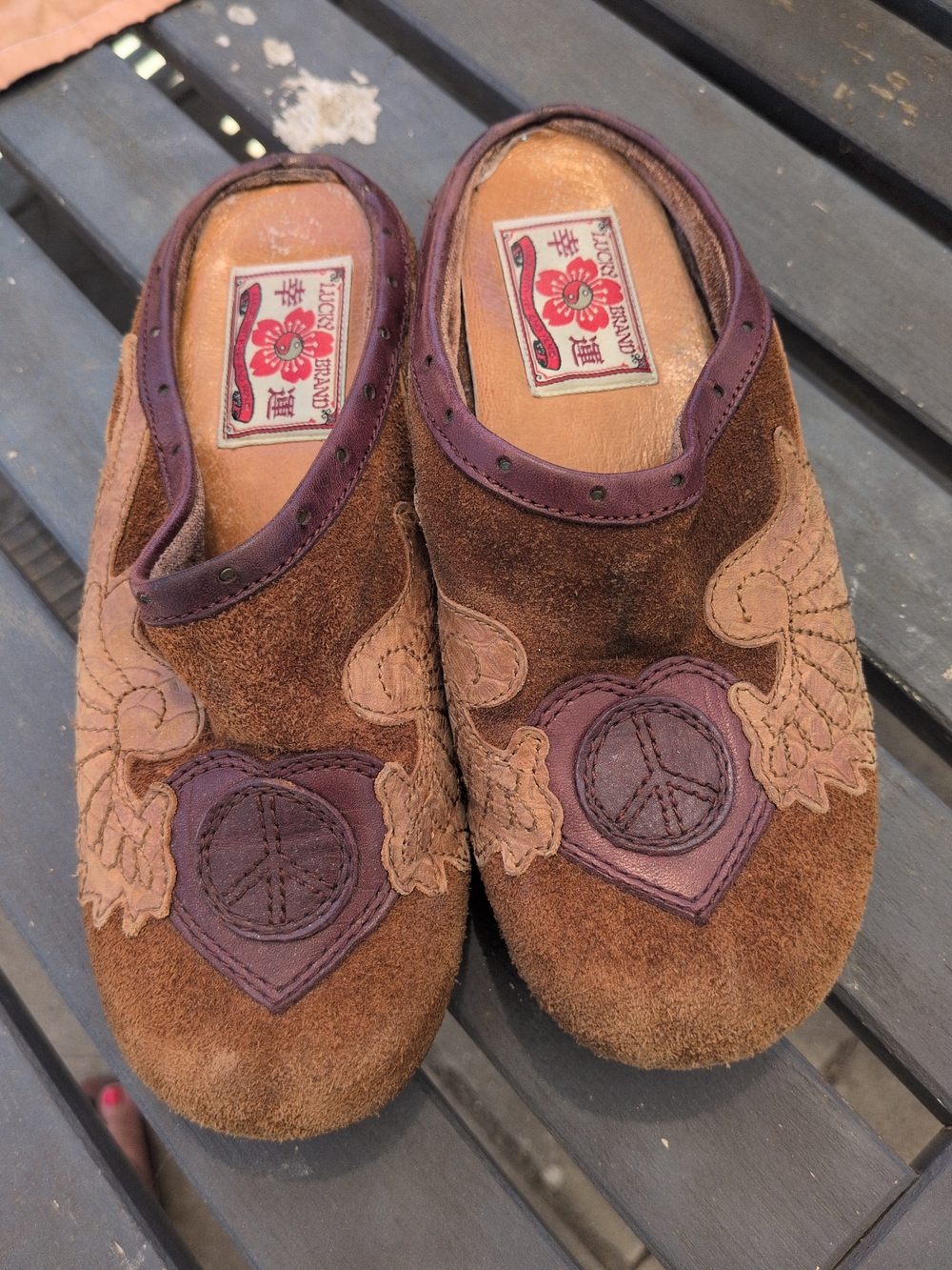 Lucky Brand Leather Clogs Brown Suede Peace Sign Boho Mules